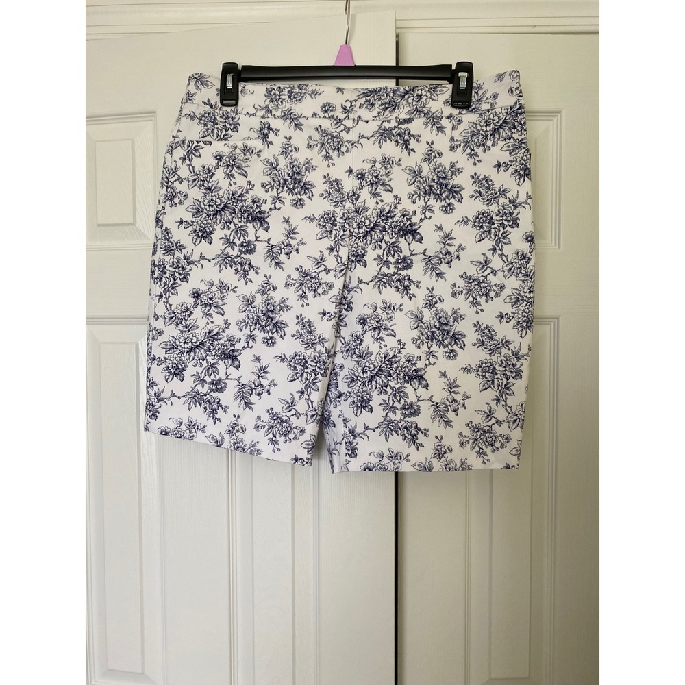 George Womens Blue White Floral Bermuda Shorts XL 16-18 Super Stretchy Toile